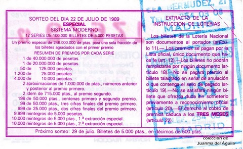 Reverso del décimo de Lotería Nacional de 1989 Sorteo 29
