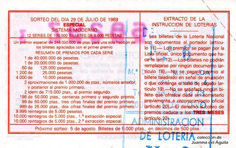 Reverso del décimo de Lotería Nacional de 1989 Sorteo 30