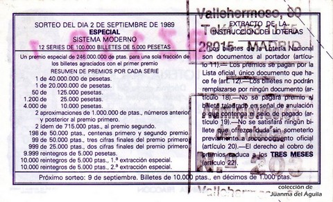 Reverso décimo de Lotería 1989 / 35