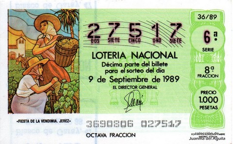 Décimo de Lotería Nacional de 1989 Sorteo 36 - «FIESTA DE LA VENDIMIA. JEREZ»