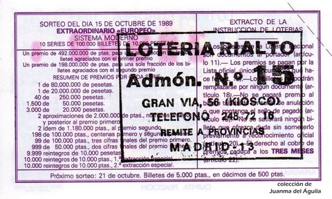 Reverso del décimo de Lotería Nacional de 1989 Sorteo 41
