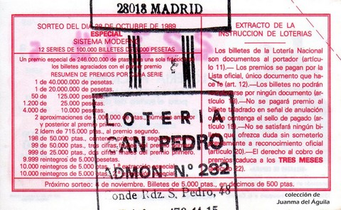Reverso del décimo de Lotería Nacional de 1989 Sorteo 43