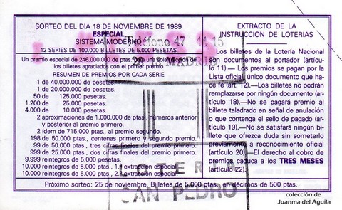 Reverso del décimo de Lotería Nacional de 1989 Sorteo 46