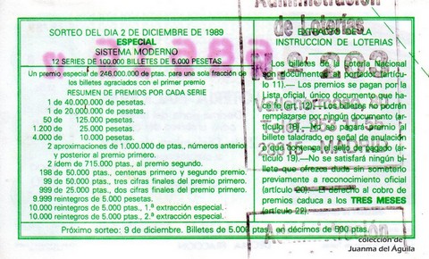 Reverso del décimo de Lotería Nacional de 1989 Sorteo 48