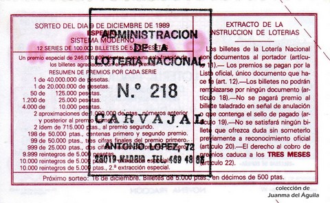 Reverso del décimo de Lotería Nacional de 1989 Sorteo 49
