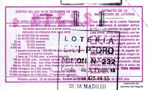 Reverso del décimo de Lotería Nacional de 1989 Sorteo 50