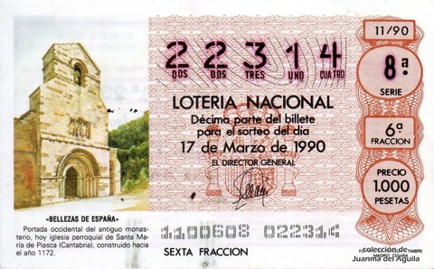 Décimo de Lotería Nacional de 1990 Sorteo 11 - «BELLEZAS DE ESPAÑA» - IGLESIA PARROQUIAL DE SANTA MARIA DE PIASCA (CANTABRIA)
