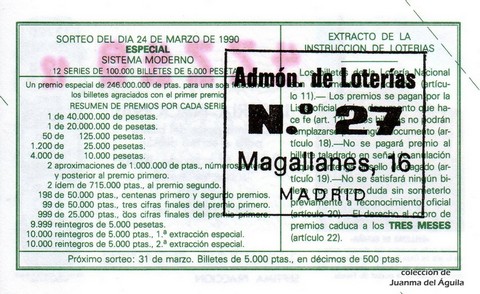 Reverso del décimo de Lotería Nacional de 1990 Sorteo 12