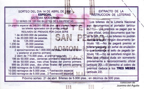 Reverso del décimo de Lotería Nacional de 1990 Sorteo 15