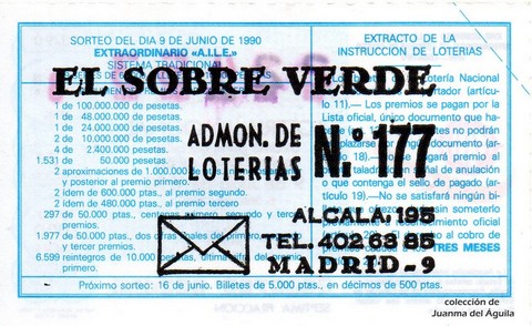 Reverso del décimo de Lotería Nacional de 1990 Sorteo 23