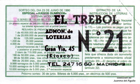 Reverso del décimo de Lotería Nacional de 1990 Sorteo 25