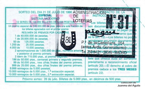 Reverso décimo de Lotería 1990 / 29
