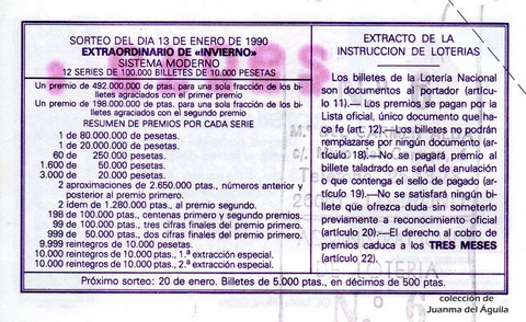Reverso del décimo de Lotería Nacional de 1990 Sorteo 2