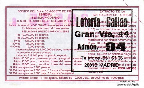 Reverso del décimo de Lotería Nacional de 1990 Sorteo 31