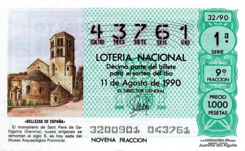 Décimo de Lotería Nacional de 1990 Sorteo 32 - «BELLEZAS DE ESPAÑA» - MONASTERIO DE SANT PERE DE GALLIGANTS (GERONA)
