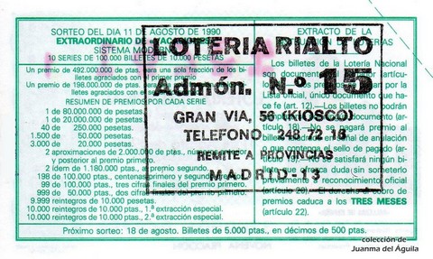 Reverso del décimo de Lotería Nacional de 1990 Sorteo 32