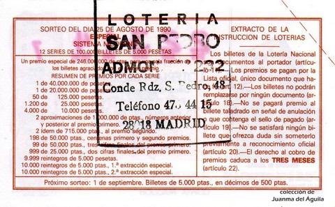 Reverso del décimo de Lotería Nacional de 1990 Sorteo 34