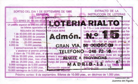 Reverso del décimo de Lotería Nacional de 1990 Sorteo 35