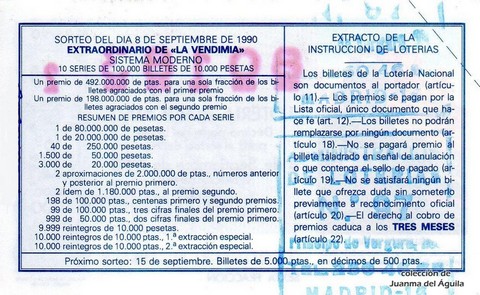 Reverso del décimo de Lotería Nacional de 1990 Sorteo 36