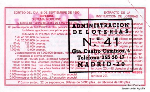 Reverso del décimo de Lotería Nacional de 1990 Sorteo 37