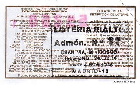 Reverso del décimo de Lotería Nacional de 1990 Sorteo 41