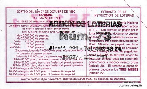 Reverso del décimo de Lotería Nacional de 1990 Sorteo 43