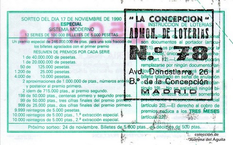 Reverso del décimo de Lotería Nacional de 1990 Sorteo 46