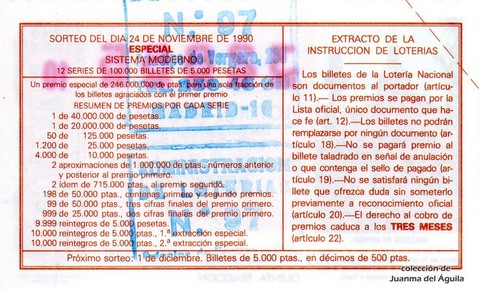 Reverso del décimo de Lotería Nacional de 1990 Sorteo 47