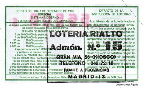 Reverso del décimo de Lotería Nacional de 1990 Sorteo 48