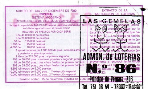 Reverso del décimo de Lotería Nacional de 1990 Sorteo 49
