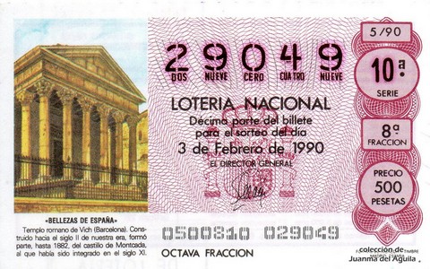 Décimo de Lotería Nacional de 1990 Sorteo 5 - «BELLEZAS DE ESPAÑA» - TEMPLO ROMANO DE VICH (BARCELONA)