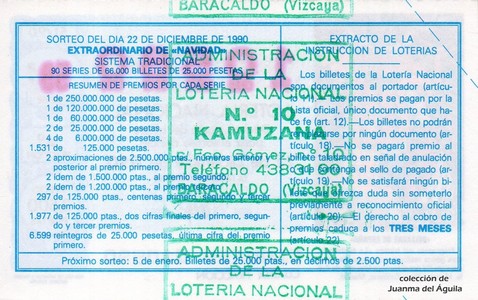 Reverso del décimo de Lotería Nacional de 1990 Sorteo 51
