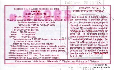 Reverso del décimo de Lotería Nacional de 1990 Sorteo 5