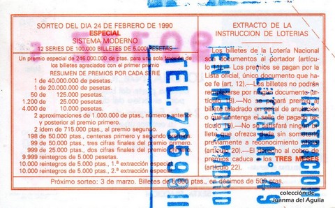 Reverso del décimo de Lotería Nacional de 1990 Sorteo 8