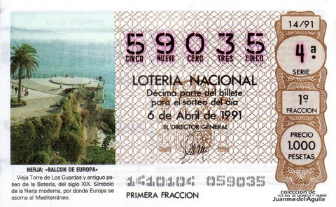 Décimo de Lotería Nacional de 1991 Sorteo 14 - NERJA «BALCON DE EUROPA»