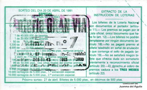 Reverso del décimo de Lotería Nacional de 1991 Sorteo 16