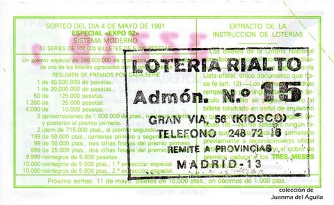 Reverso del décimo de Lotería Nacional de 1991 Sorteo 18