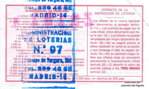 Reverso del décimo de Lotería Nacional de 1991 Sorteo 19
