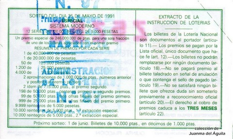 Reverso del décimo de Lotería Nacional de 1991 Sorteo 21