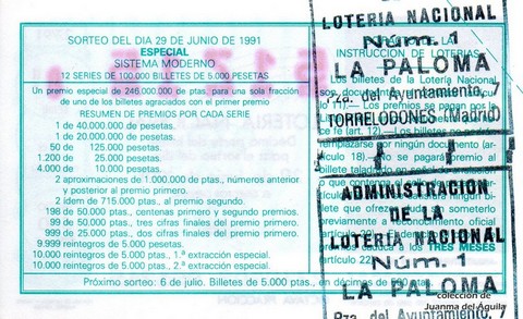 Reverso del décimo de Lotería Nacional de 1991 Sorteo 27