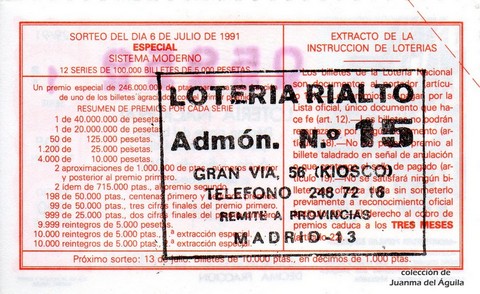 Reverso del décimo de Lotería Nacional de 1991 Sorteo 29