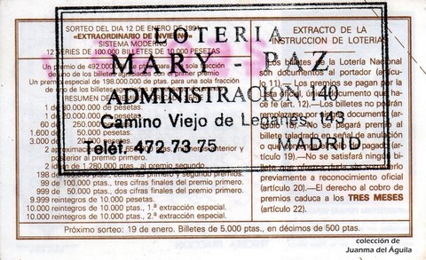 Reverso décimo de Lotería 1991 / 2