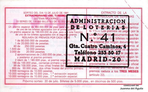 Reverso del décimo de Lotería Nacional de 1991 Sorteo 31