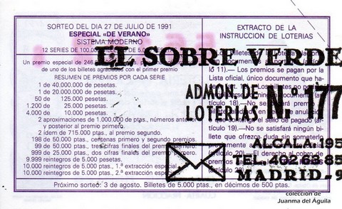 Reverso del décimo de Lotería Nacional de 1991 Sorteo 34