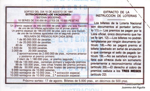 Reverso del décimo de Lotería Nacional de 1991 Sorteo 37
