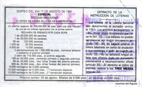 Reverso del décimo de Lotería Nacional de 1991 Sorteo 38