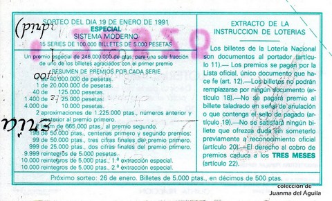 Reverso del décimo de Lotería Nacional de 1991 Sorteo 3