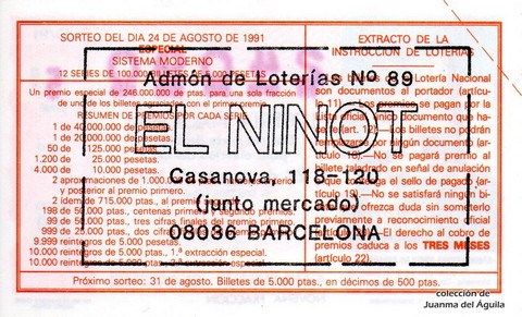 Reverso del décimo de Lotería Nacional de 1991 Sorteo 40