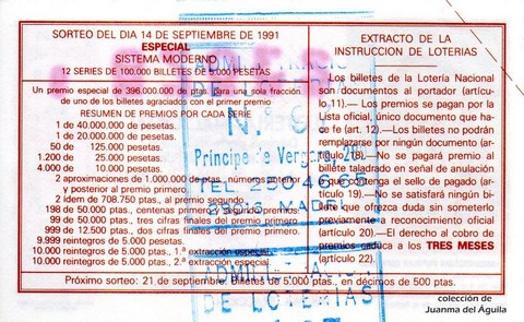 Reverso del décimo de Lotería Nacional de 1991 Sorteo 44
