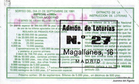 Reverso del décimo de Lotería Nacional de 1991 Sorteo 46